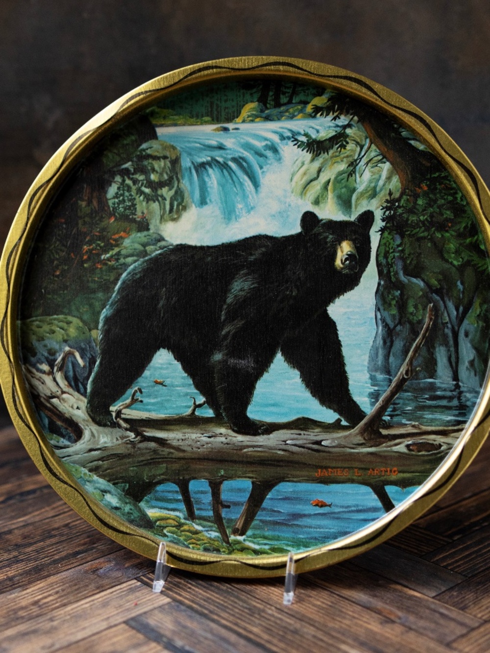 James L. Artig black bear waterfall round tin serving tray vintage 11 inches
